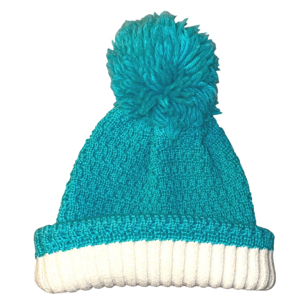 VTG‎ Smiley Hat Beanie Fitted One Size Aqua Blue White Wool Winter Pom Pom Knit